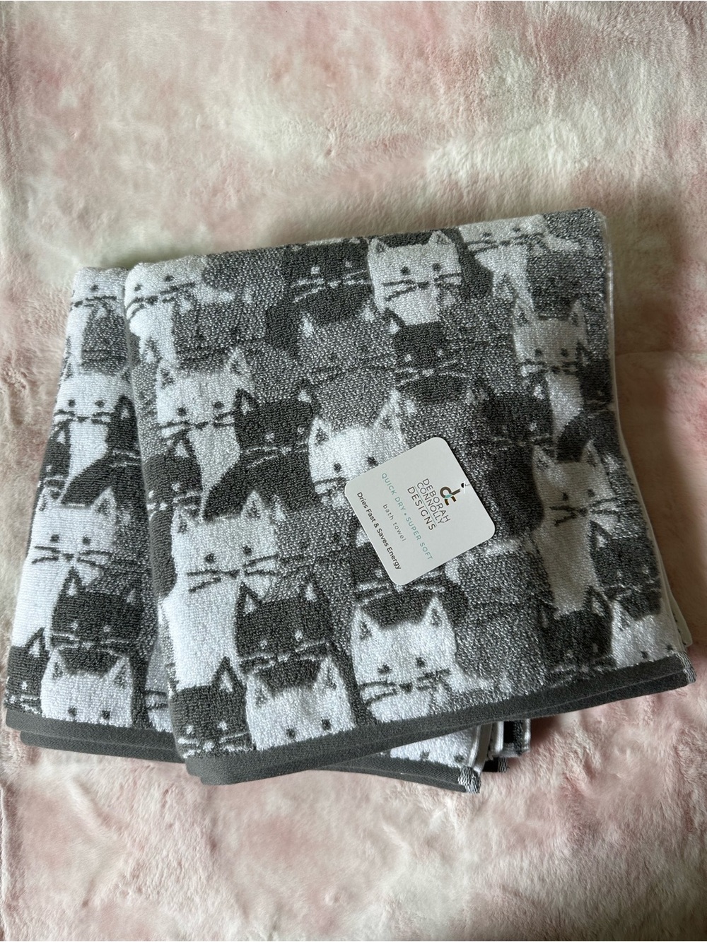 Gray Cat Print Set of 2 Bath Towels - Deborah Connolly Designs NWT
